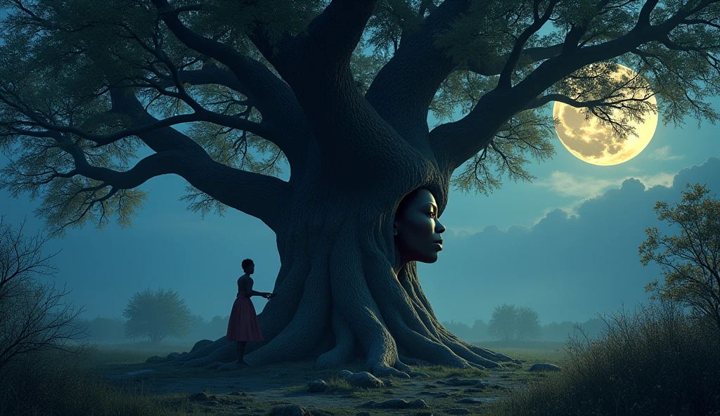 A thick tree described earlier about to transform into the African woman Nnenna as the moon rose 