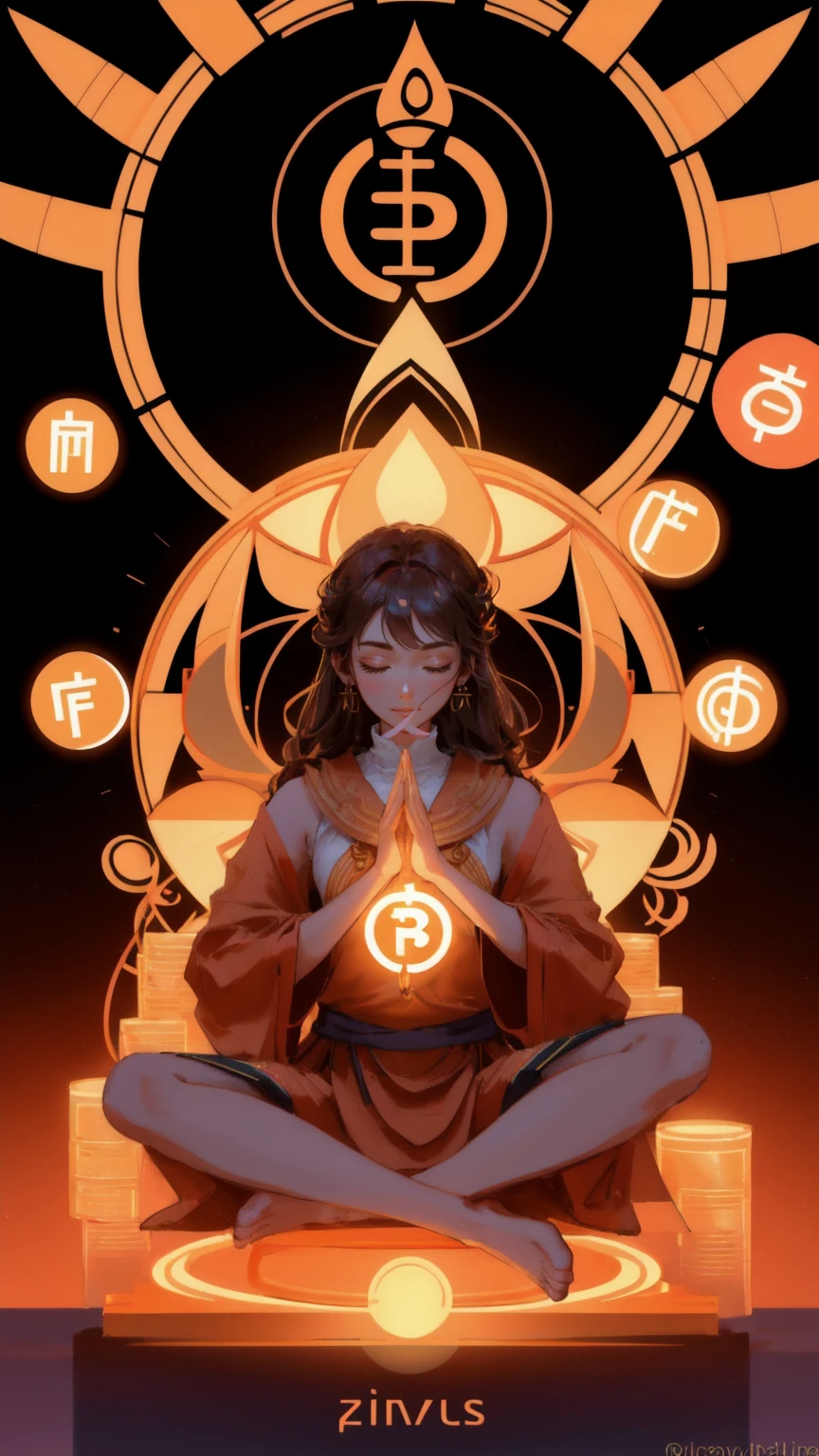 create a detailed illustration of a person in a lotus position, meditating with calm focus. The individual is immersed in a financial environment, surrounded by glowing symbols of cryptocurrencies, with Bitcoin prominently featured. The hands are resting on the knees, palms facing upward in a mudra (thumb and index finger touching). The overall scene should convey a sense of balance between spirituality and financial acumen. The background should be a warm brown, symbolizing grounding and stability. Include the keyword 'DeFi Yield Yoga' to emphasize the harmony between decentralized finance and mindfulness.