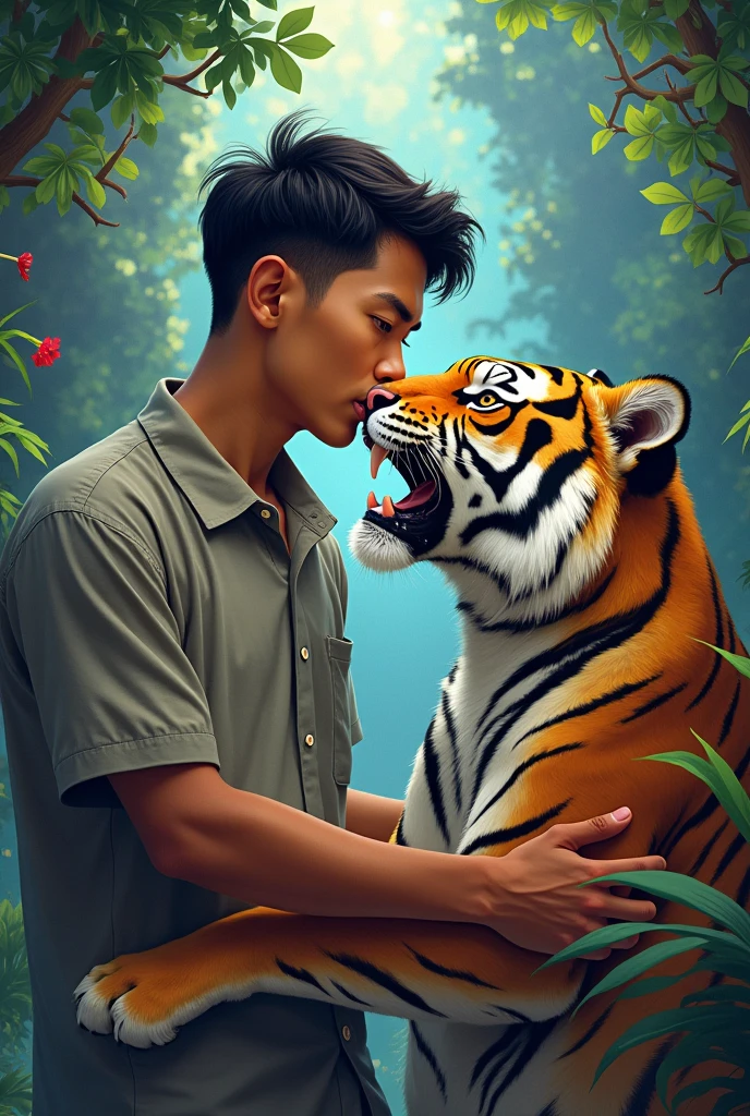 a young man aged 30 from Indonesia with light skin, short hair, flat nose, wearing a shirt, with a tiger, Niji's vision, high quality