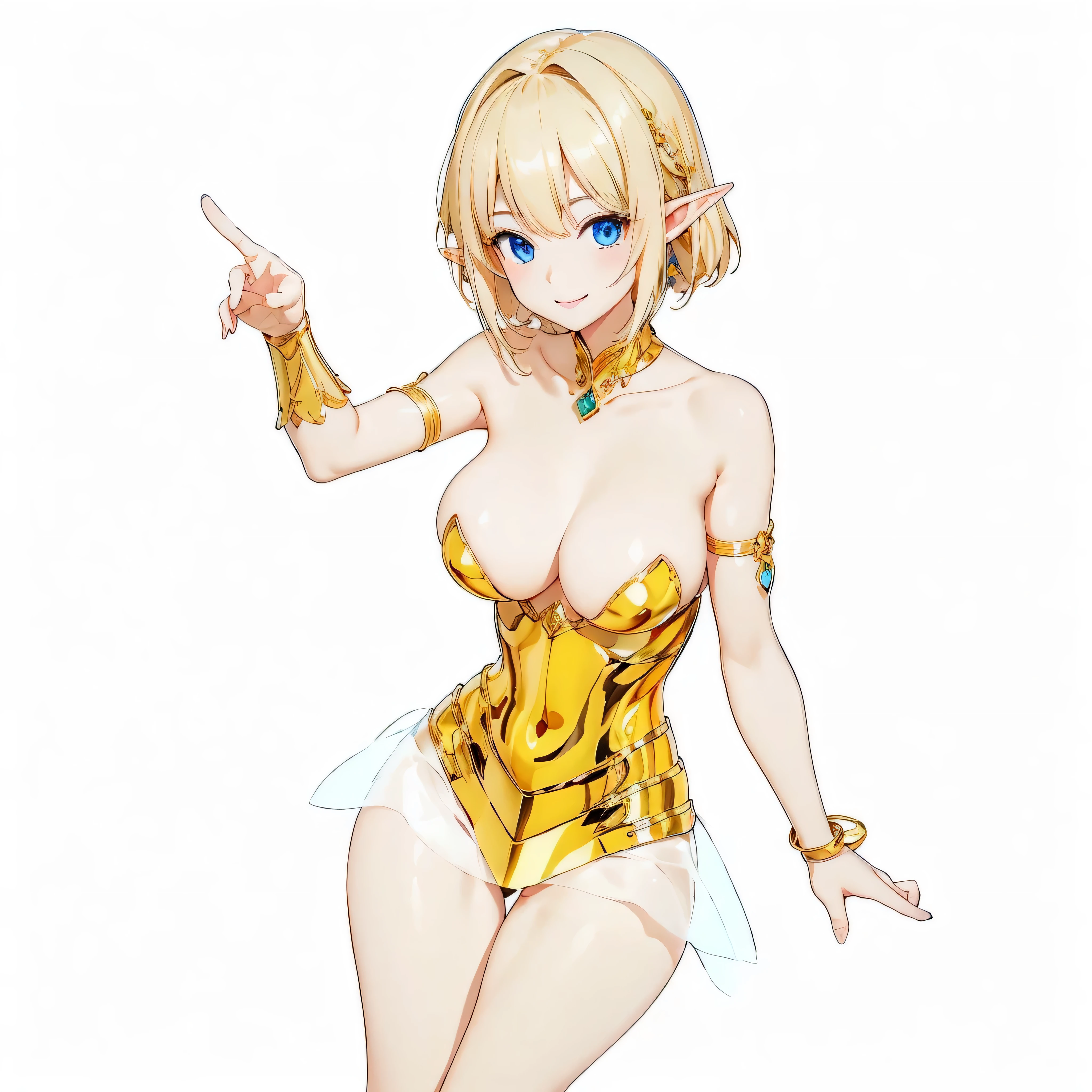 Highest quality、Very detailed、High resolution、１６ｋ、Thin contours、耳の長いElf、Nipples are visible、Shining golden armor、Gold bikini armor、Very large breasts、Extremely transparent skirt、Wearing black pants、chest proportion、Smile of the Goddess、Very white skin、Beautiful fingers、Perfect Style、Elf、No bra、Blonde hair and blue eyes、Cool smile