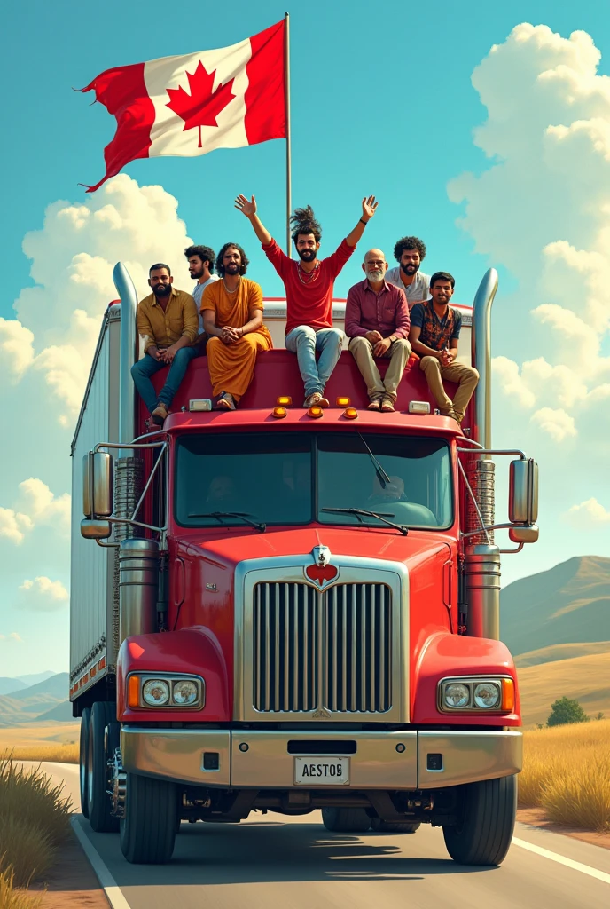 Indian people sitting on the canadian long truck roof and flag is also on the truck