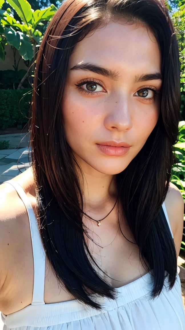 a beautiful woman with long dark hair, pale skin, detailed face, piercing blue eyes, full lips, high cheekbones, elegant expression, delicate and graceful, wearing a flowing white sundress, standing in a lush garden with blooming flowers, sunlight streaming through the leaves, radiant and serene, (best quality,8k,highres,masterpiece:1.2),ultra-detailed,realistic,photo-realistic:1.37,intricate details,cinematic lighting,vivid colors,award winning photography