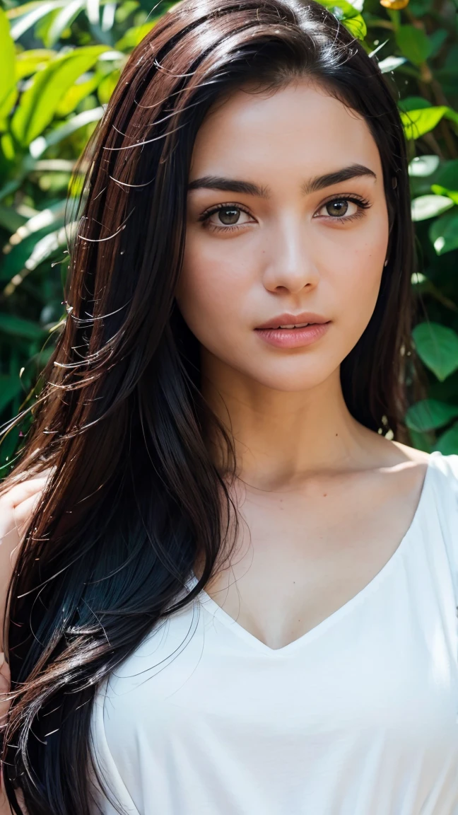 a beautiful woman with long dark hair, pale skin, detailed face, piercing blue eyes, full lips, high cheekbones, elegant expression, delicate and graceful, wearing a flowing white sundress, standing in a lush garden with blooming flowers, sunlight streaming through the leaves, radiant and serene, (best quality,8k,highres,masterpiece:1.2),ultra-detailed,realistic,photo-realistic:1.37,intricate details,cinematic lighting,vivid colors,award winning photography