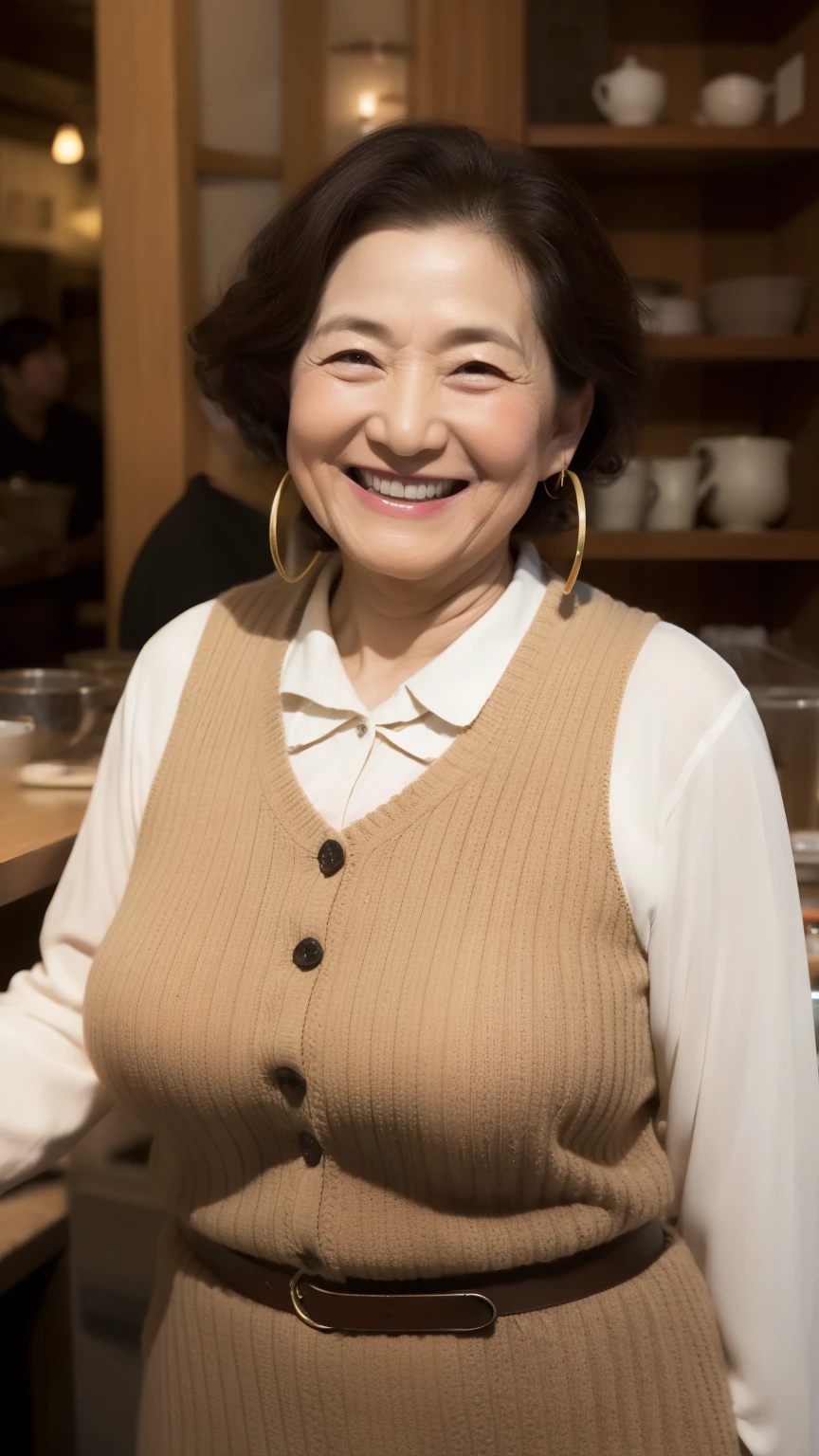 Osaka's aunt、Organic Photography、Highest quality、masterpiece、Ultra-high resolution、Beautiful Japanese old lady、60 years old、Looking at the audience、Elegant face、Smiling with teeth showing、Big Breasts、Wearing a plain short-sleeved knit、Wavy Hair、mini skirt、Earrings、A corner of a coffee shop, Background Blur