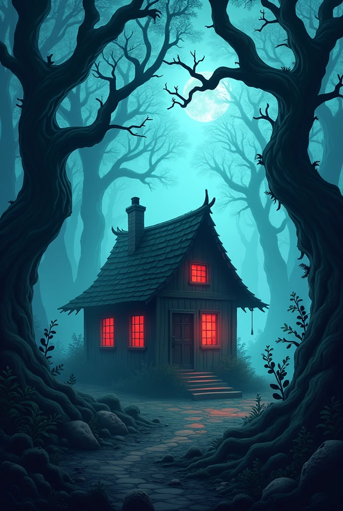 An ancient, foreboding forest with twisted trees and dense fog. In the center, a dark, sinister cottage with glowing red eyes peering through the windows. High resolution cartoon with 16:9 aspect ratio