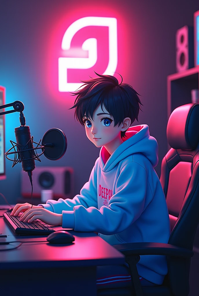 Create a image of "A 18 years anime boy, sitting in front of a desk with a microphone and, wearing BLUE and pink hoodie with the Channel Name on it "DEEPAK " The background includes a large logo on the wall, and various recording equipment.