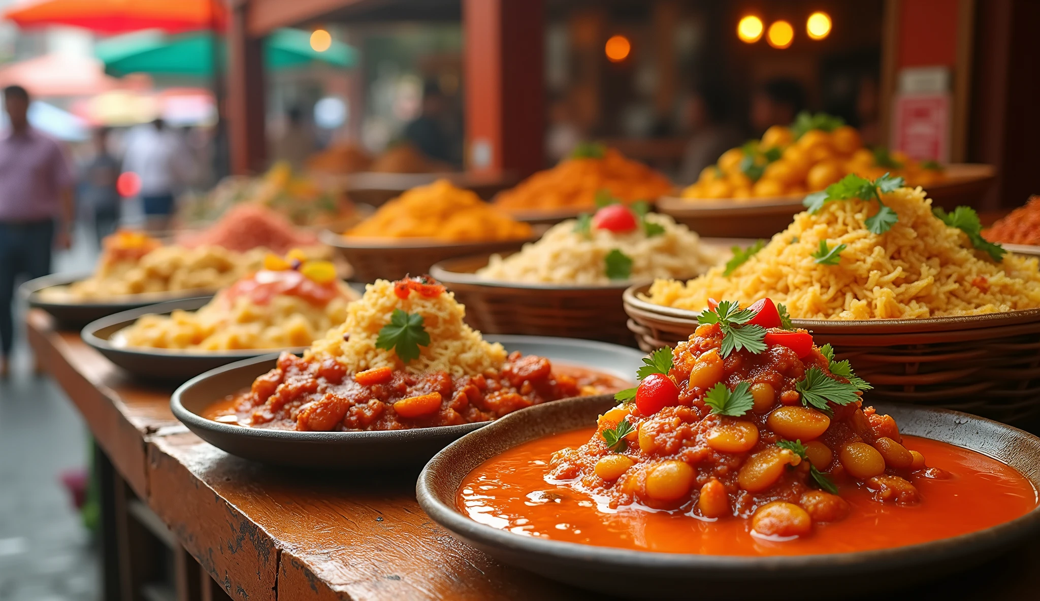 Create realistic images of many typical Asian and Indian dishes as if they were street food