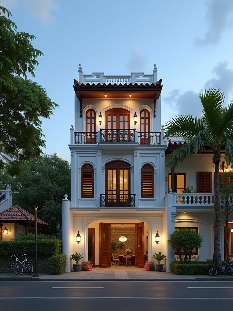 Rendre une largeur de 4 mètres, 3 étages Indochine-style small townhouse situated in an milieu urbain. La maison de ville présente une élégante façade blanche avec des éléments architecturaux traditionnels indochinois, including fenêtres cintrées, Volets en bois, and balustrades décoratives. Le toit est conçu avec une pente à deux côtés allant de l'avant vers l'arrière, semblable au style des maisons de Hoi An. Les murs extérieurs sont ornés de subtils, détails ornés that reflect the indochine style. Incorporate panneaux persiennes en bois artistiques on the exterior for added visual interest and architectural depth. The ground floor includes a welcoming entrance with meubles en bois classiques and lanternes traditionnelles. The street is lined with trottoir pavé, plantes tropicales, and urban elements such as lampadaires and vélos garés, creating a mélange harmonieux d'esthétique traditionnelle et urbaine. Résolution 8k, UHD, Détails de haute qualité, indochine style, Façade de 5 mètres de large, 3 étages, extérieur blanc, fenêtres cintrées, Volets en bois, balustrades décoratives, toit à deux versants, Le style de Hoi An, meubles en bois classiques, lanternes traditionnelles, détails ornés, panneaux persiennes en bois artistiques, milieu urbain, vue sur la rue, trottoir pavé, plantes tropicales, lampadaires, vélos garés, mélange harmonieux d'esthétique traditionnelle et urbaine