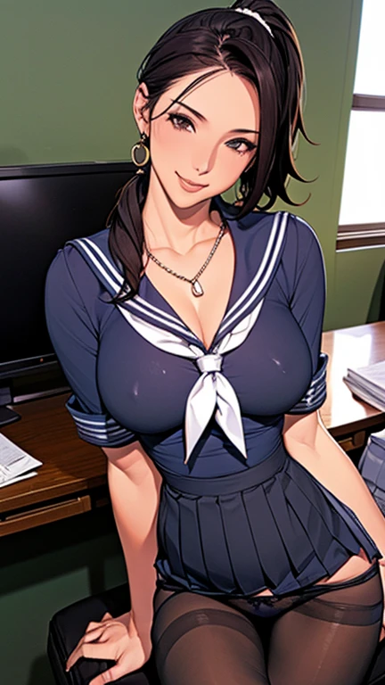 (((Highest quality))),(((High resolution))),((Correct Anatomy))、((mini Sailor suit))、(((Long Hair))),(((Highest quality))),(((Correct Anatomy))),(((mini school uniform)))、((((Black panties)))), ((Black Pantyhose)),((Pleated skirt)),((Fancy Lingerie)),((Black knee-high stockings)),((A shy smile)),(Tabletop, Highest quality, High resolution, , Pixel perfect, 4K,), (((Mature MILF)))、(One mature woman)、((Long Hair))、((ponytail))、I could see the whole body, Soft Breasts, Dynamic Angle, Perfect body, ((Earrings、necklace,Pleated skirt)),Office chair、sit