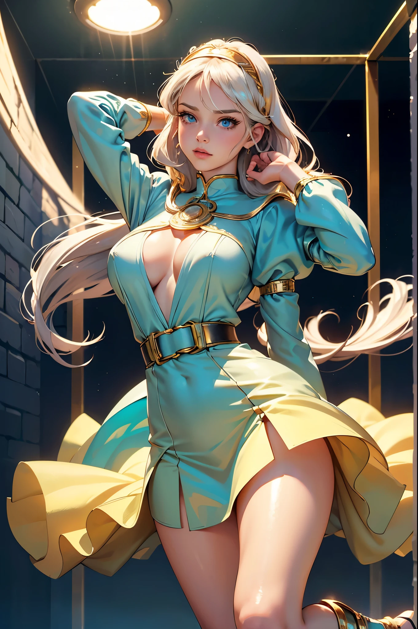 (photo realistic:1.35), masterpiece, best quality, CG, wallpaper, HDR, high quality, high-definition, extremely detailed,
1girl,
long hair, glowwave, platinum hair,
blue eyes,
(highly detailed Caucasian skin:1.2),
(Rounded large breasts),
break
((retro artstyle)),
(Serene and goddess-like),
(glowing lightly gold),
long sleeves, dress,
juliet sleeves,
puffy sleeves,
belt, hairband,
break
((A cell, a vast cell, chained up, hanging from the ceiling)), ((hands behind head)),
well sunlit,
perfect female anatomy, two legs, two feet, two arms,
half body shot, ((knees up))