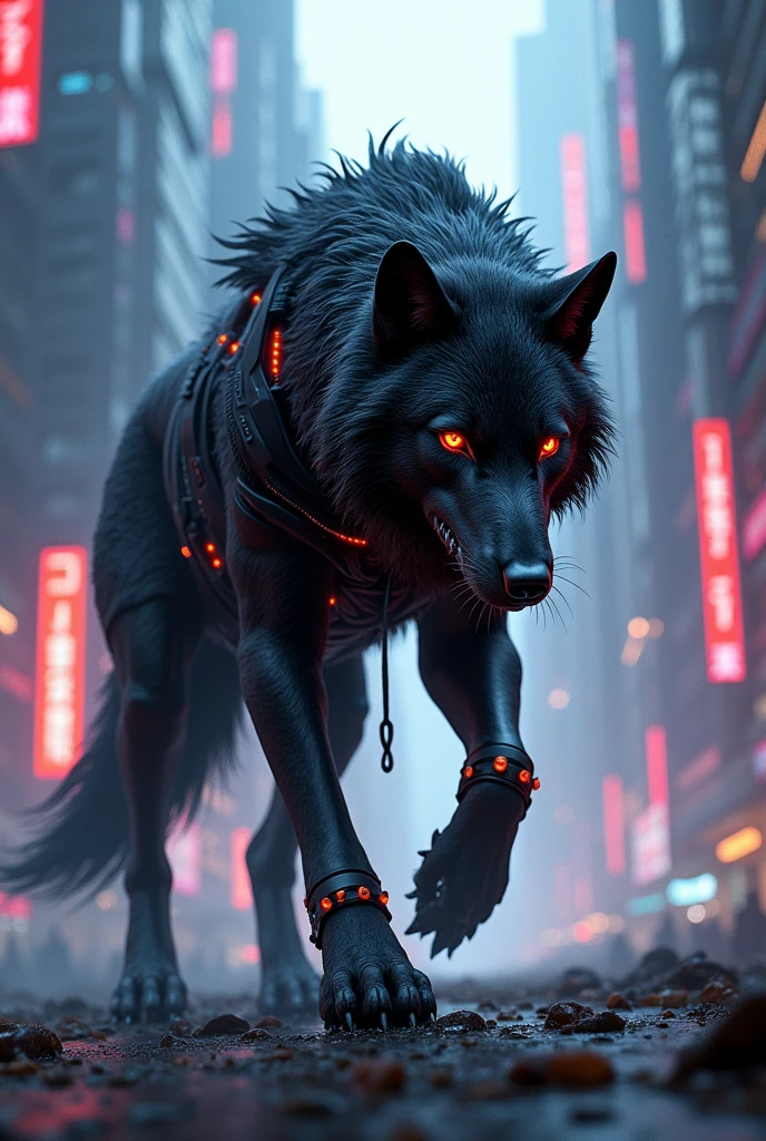 Wolf black background cyber city 


