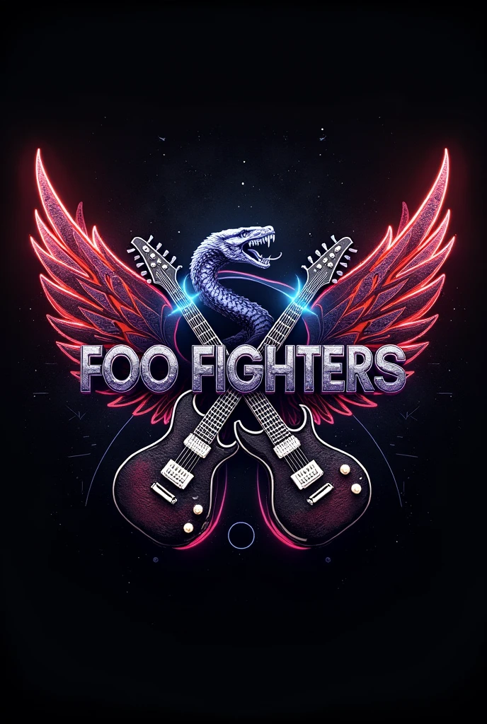 "Craft a legendary, high-octane logo for the band 'Foo Fighters' that embodies the rebellious spirit of rock and roll with a futuristic, cutting-edge flair. Make the background transparent and removal. The design should be bold, dynamic, and unmistakably powerful, featuring a rugged, distressed font with a heavy, industrial feel, as if forged from steel. Use a dark, moody color palette of deep black, blood-red, and gunmetal silver, with electrifying accents of neon blue and vibrant purple for an explosive contrast. Incorporate iconic rock elements like a pair of electric guitars, crossed like a coat of arms, with lightning bolts shooting out from their strings, enveloping the name 'Foo Fighters' in a blaze of energy. Add intricate details like metallic wings unfurling from the sides, symbolizing freedom and power, or a fierce, roaring snack subtly etched behind the text to represent strength and dominance. For the background, consider a dynamic explosion of grunge textures mixed with cosmic elements like stars, nebulae, or a burst of light, creating a sense of otherworldly energy. Layer in subtle, high-tech circuitry patterns or gears to hint at a futuristic edge, blending the raw, untamed energy of rock with a sleek, modern vibe. Add depth with 3D effects, shadowing, and metallic reflections, making the logo leap off the page with intensity.
The final design should be nothing short of epic—an unforgettable emblem that captures the raw power, relentless energy, and timeless appeal of the Foo Fighters, making it an instant classic in the world of rock music."