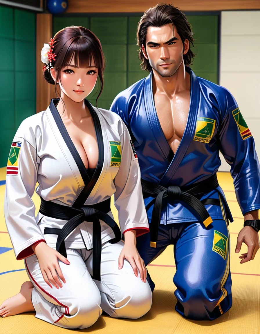 (8k, RAW photos, A masterpiece of quality: 1.2), (realistic, photorealistic: 1.37), ((A little cleavage 1.3)),2 Brazilian Jiu-Jitsu athletes, ((Big breasts 1.2)), ((Sweaty 1.5) ), ((Shiny skin 1.4)), two Brazilian Jiu-Jitsukas, ((A beautiful face like a Japanese actress 1.3)),(((Brazilian Jiu-Jitsu suit with black belt))) , ((Shorts)),2, standing, long shot, ( Full body shot: 2), Glamorous body,((slim body)),Look at your viewers, Pose for photoshoot, Firm posture, Long shot photography, Detailed face, (smile), (perfect eyes) ,(perfect hands) (perfect Fingers), (perfect legs),(thighs), (full body photography: 2),pinning each other on the ground, showing their pinning hold