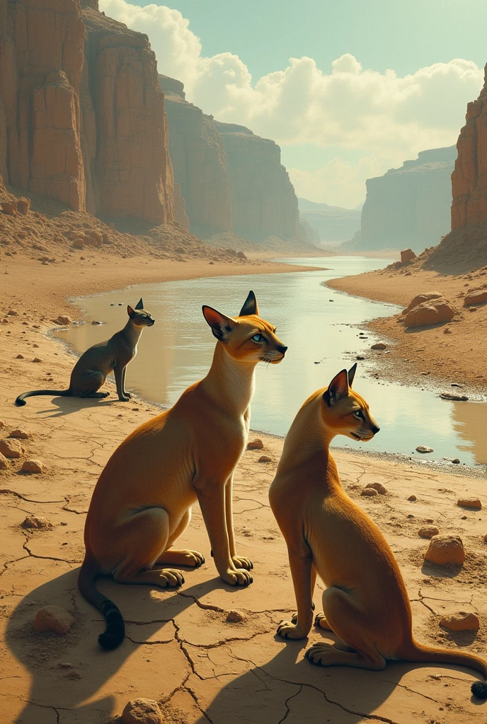 **Water Vanishes**
A dry riverbed snakes through the barren desert where the cats once thrived. They stare at the cracked earth where water once flowed, their faces filled with despair.