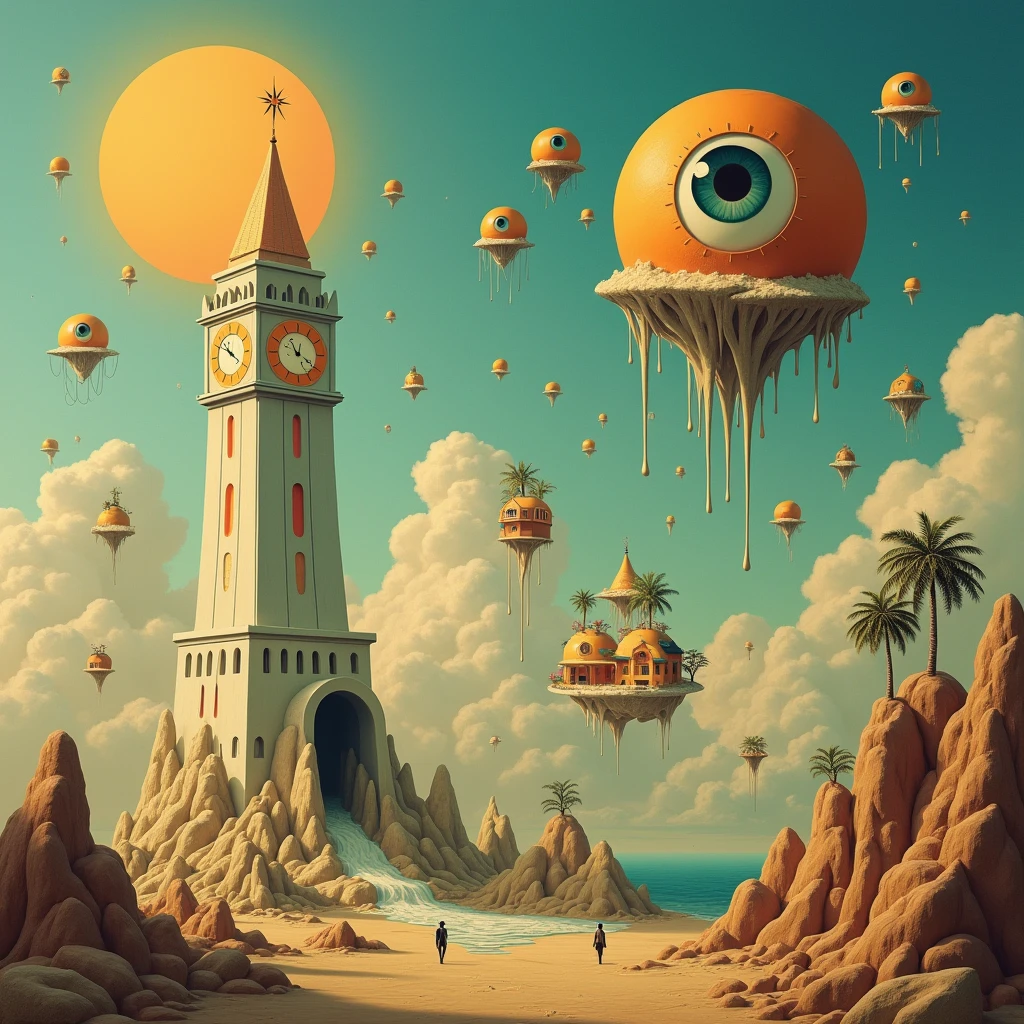 A surrealistic painting of an alternate Disland reality in the style of Salvador Dalí. There is a melting clock tower, floating islands with houses, and a giant eye with a palm tree for a pupil. The sky is filled with floating islands and a large sun with a face. The ground is rocky and has small, round structures. The overall image has a warm hue.