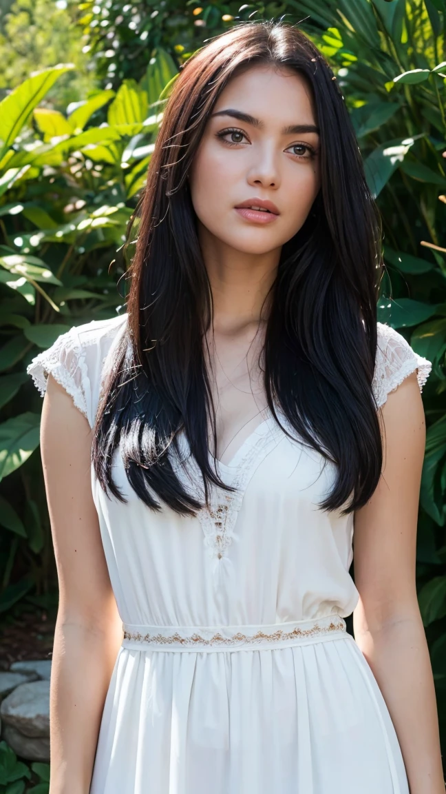 a beautiful woman with long dark hair, pale skin, detailed face, piercing blue eyes, full lips, high cheekbones, elegant expression, delicate and graceful, wearing a flowing white sundress, standing in a lush garden with blooming flowers, sunlight streaming through the leaves, radiant and serene, (best quality,8k,highres,masterpiece:1.2),ultra-detailed,realistic,photo-realistic:1.37,intricate details,cinematic lighting,vivid colors,award winning photography