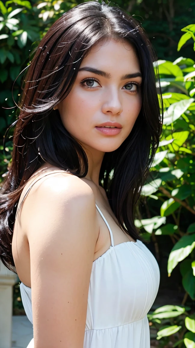 a beautiful woman with long dark hair, pale skin, detailed face, piercing blue eyes, full lips, high cheekbones, elegant expression, delicate and graceful, wearing a flowing white sundress, standing in a lush garden with blooming flowers, sunlight streaming through the leaves, radiant and serene, (best quality,8k,highres,masterpiece:1.2),ultra-detailed,realistic,photo-realistic:1.37,intricate details,cinematic lighting,vivid colors,award winning photography