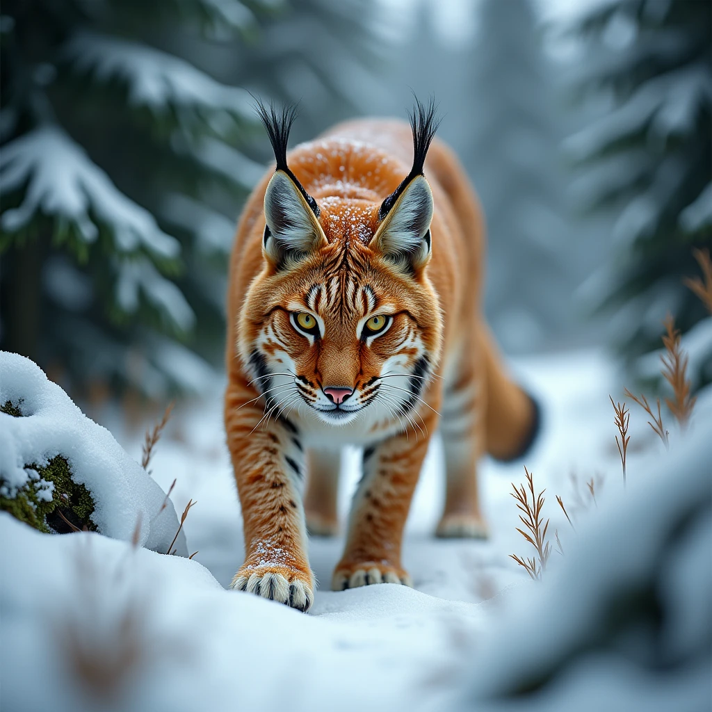 an orange lynx in a snowy environment, high resolution, HDR, subtle lush green element to the image
