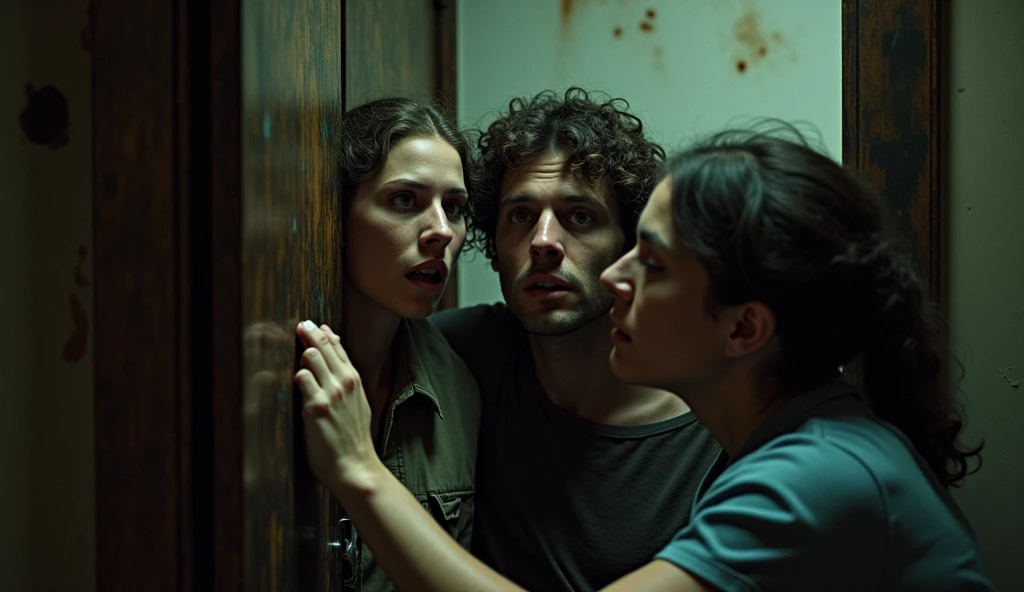 3 Sarah and 2 tom,
They all hold their breath as the scratching intensifies, the creature outside clawing at the door with increasing ferocity. The wooden door creaks under the pressure, and it’s clear that it won’t hold for long.