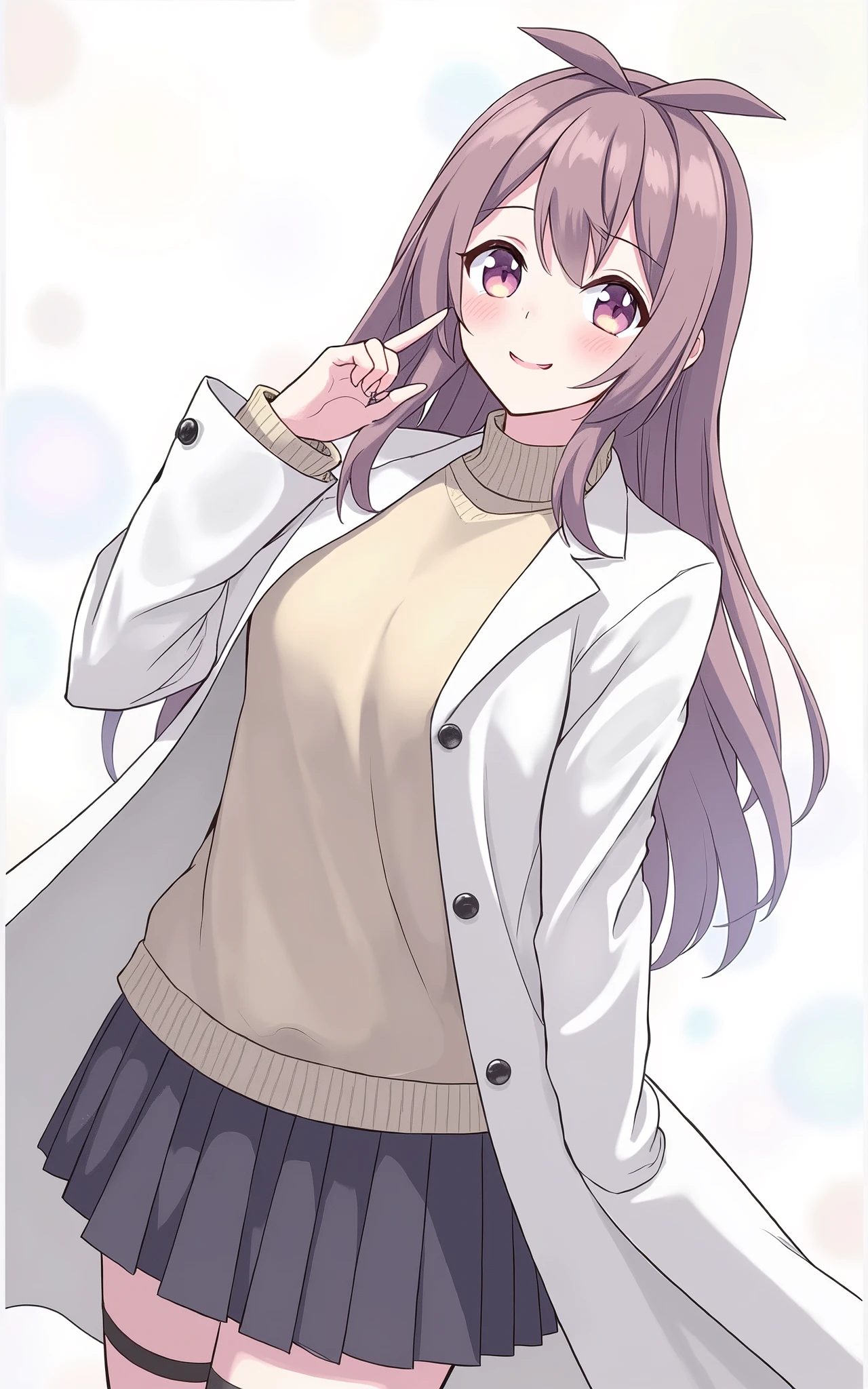 anime girl with brown hair and a sweater with labcoat and black skirt, (hair swept bangs:1.3), (long brown hair:1.3), doctor girl, anime style, from girls frontline, fine details. girls frontline, girls frontline universe, girls frontline style, girls frontline, girls frontline cg, soft anime illustration, 2 0 2 2 anime style, 2022 anime style, pixiv contest winner, pretty anime character design, render of april