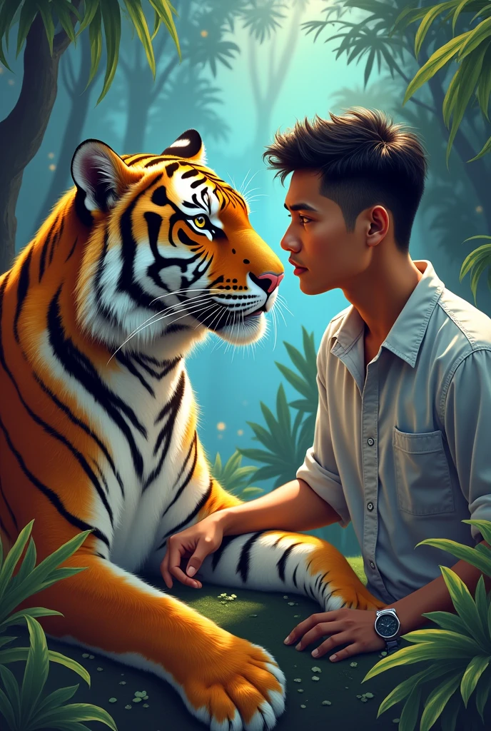 a young man aged 30 from Indonesia with light skin, short hair, flat nose, wearing a shirt, with a tiger, Niji's vision, high quality