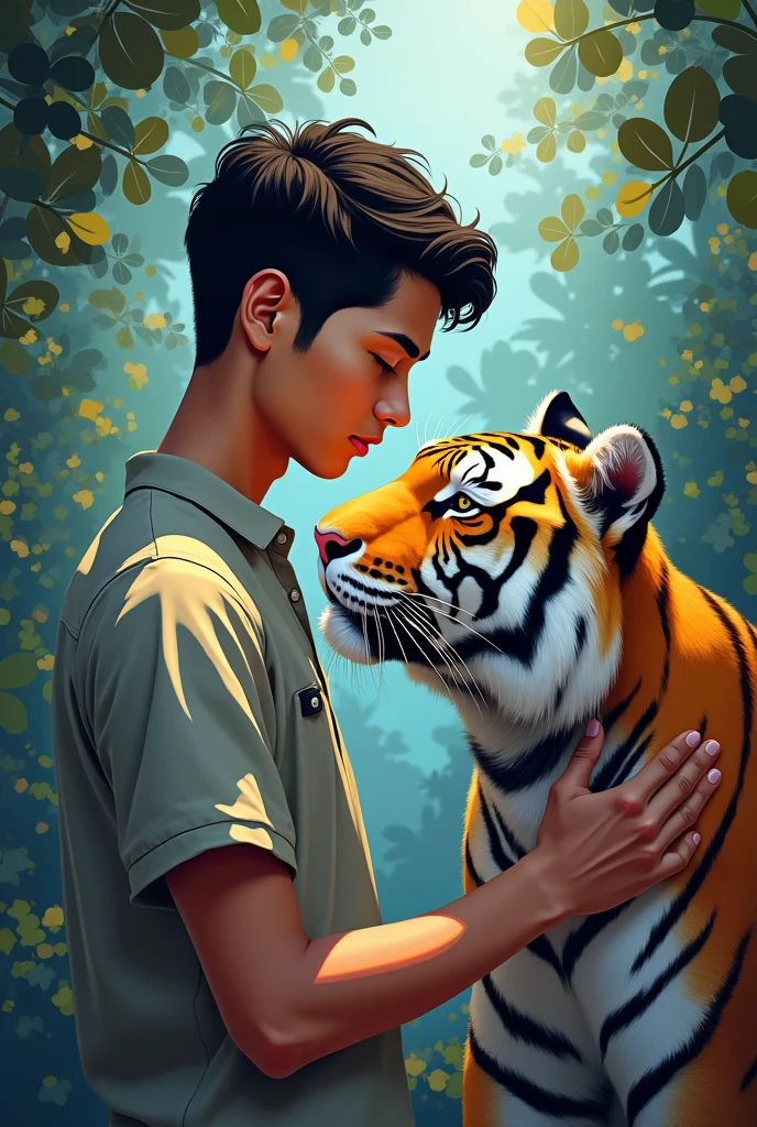 a young man aged 30 from Indonesia with light skin, short hair, flat nose, wearing a shirt, with a tiger, Niji's vision, high quality
