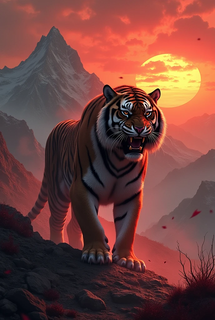 angry tiger with blood scars behind the mountain with sunset and blood wars