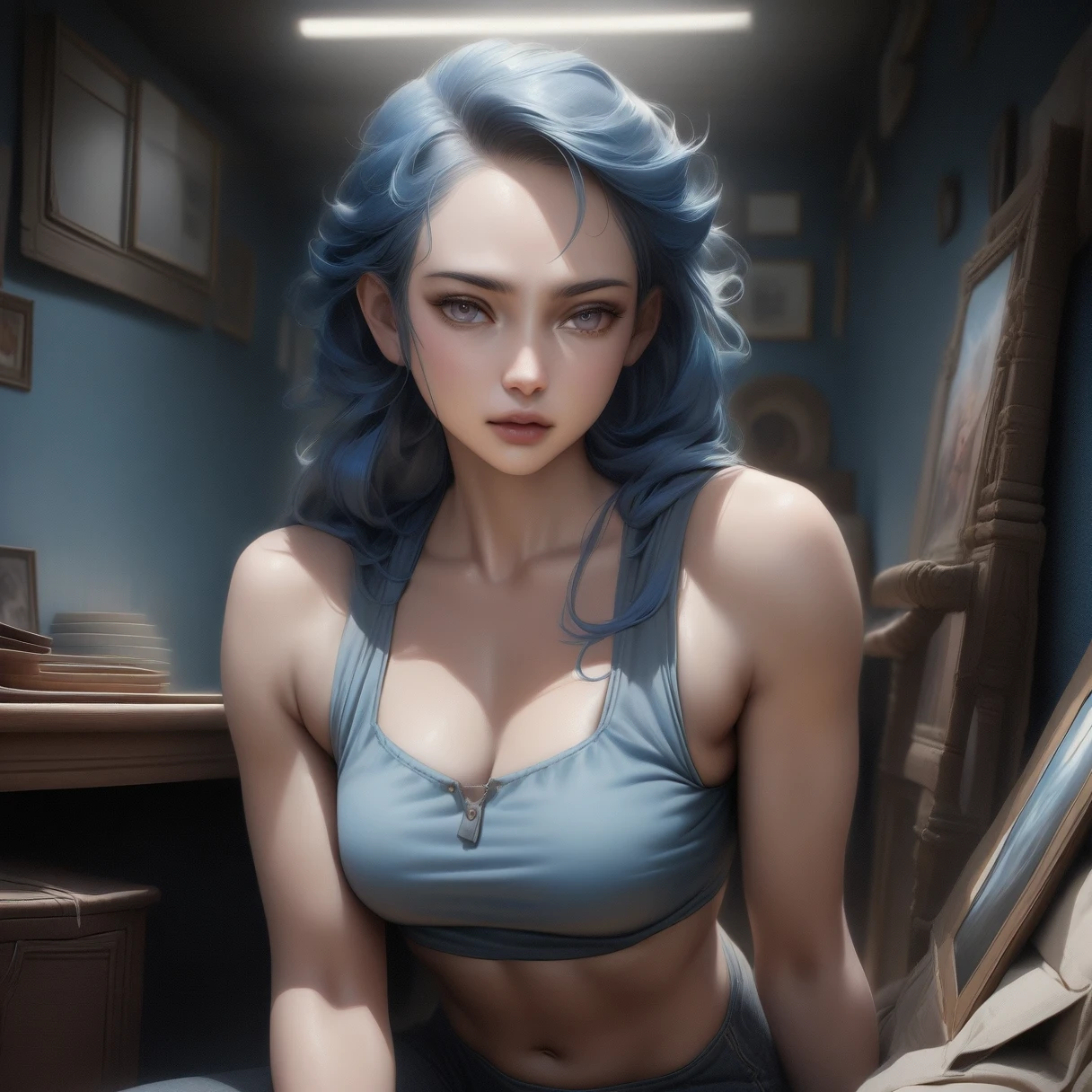 ((1girl)), 21 year old woman, long light blue hair, small breasts, thin hips, choker collar, wrist cuffs, nude, naked, pubic hair, standing, animated pose, open door, open window, bookstore, bookcases, books, dramatic lighting, cinematic lighting, masterpiece, best quality