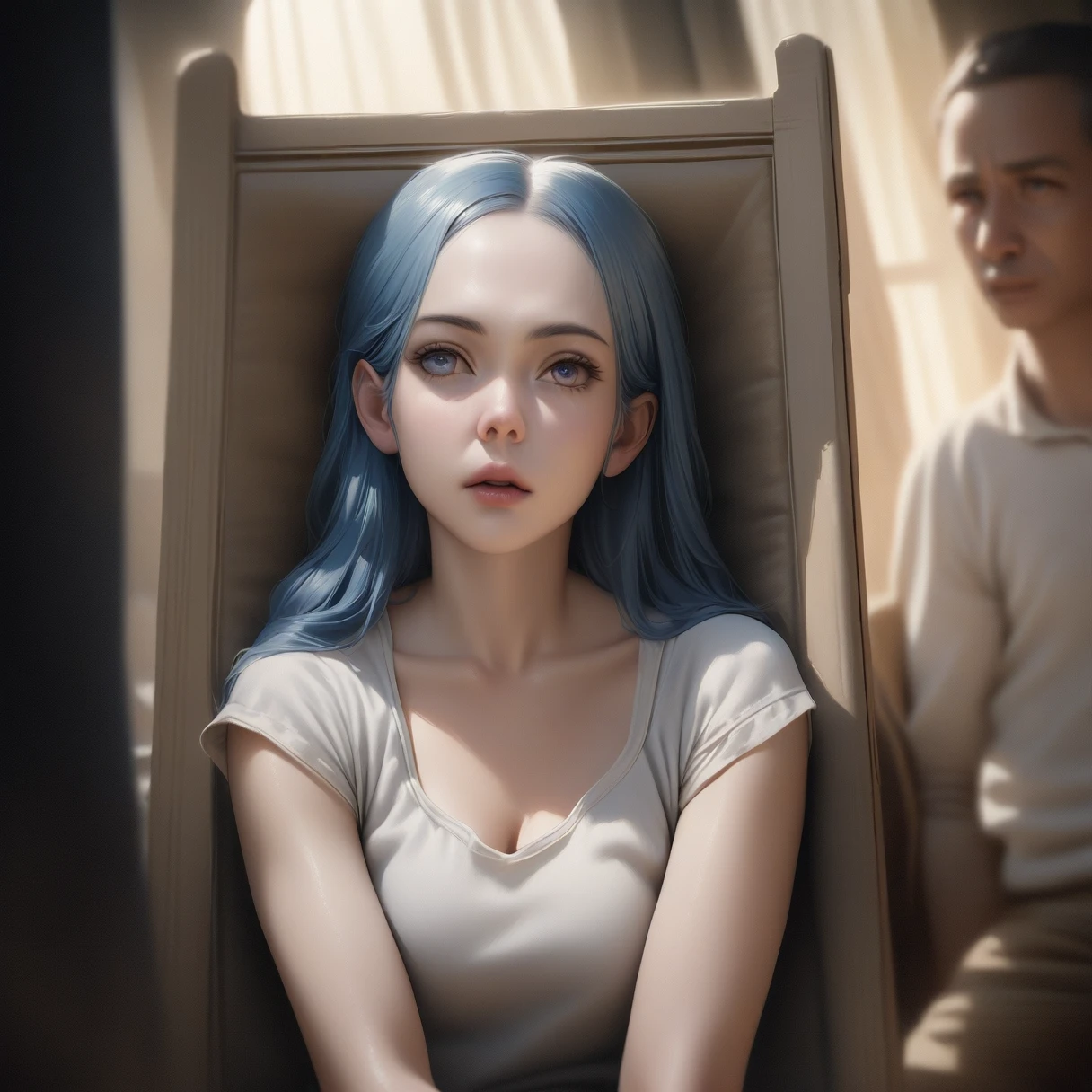 (masterpiece:1.3), (8k, Realistic, RAW Photos, Highest quality: 1.4), (One person), Beautiful Face, Appearance: Long blue hair and、The android has beautiful facial features and clear blue eyes.、Her expression is calm but intelligent. Her clothes are simple yet elegant.、Designed for creators Height: about 160cm、She is slim but has feminine curves and a calm and collected personality.、Good at logical thinking
