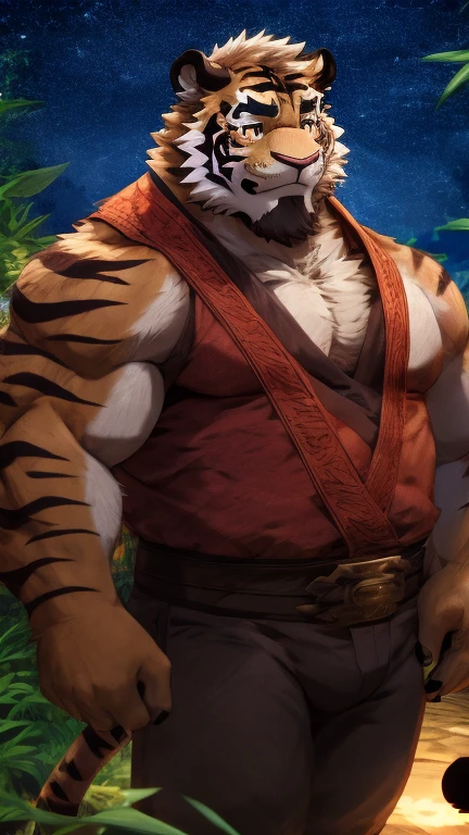 anime style, aid210, nj5furry, ((whole body)), ((monk)), standing, kick, ((plump middle-aged tiger man)), BREAK ((brown eyes)), one eye closed, beautiful beard, beautiful ears, (male face:1.3), (big face:0.5), square jawline, (Male Eyes:1.2), (sharp eyes:0.8), (big eyes:0.5), male eyebrows, (innocent look:0.5), (beautiful black nails down to the last detail:1.2), BREAK (complete Anatomy), (detailed face:1.3), beautiful face, (detailed body), (beautiful hands:1.2), (detailed fingers:1.2), (detailed eyes:1.1), (beautiful Eyes:1.1), arm details, Leg Details, beautiful feet, BREAK Muscular anthlo, body hair, ((hairy skin)), fluffy, (detailed brown nipples:0.8), (blood vessel:-0.8), (glowing Skin:-0.7), (chest hair:0.5), (1 tail), (a beautiful and detailed small tail), BREAK night sky, bamboo forest, outdoor,  ultra detailed, highest quality, ultra-high resolution, realistic, 16K, masterpiece, beautiful detailed, perfect solution, absurdists, (faint light),