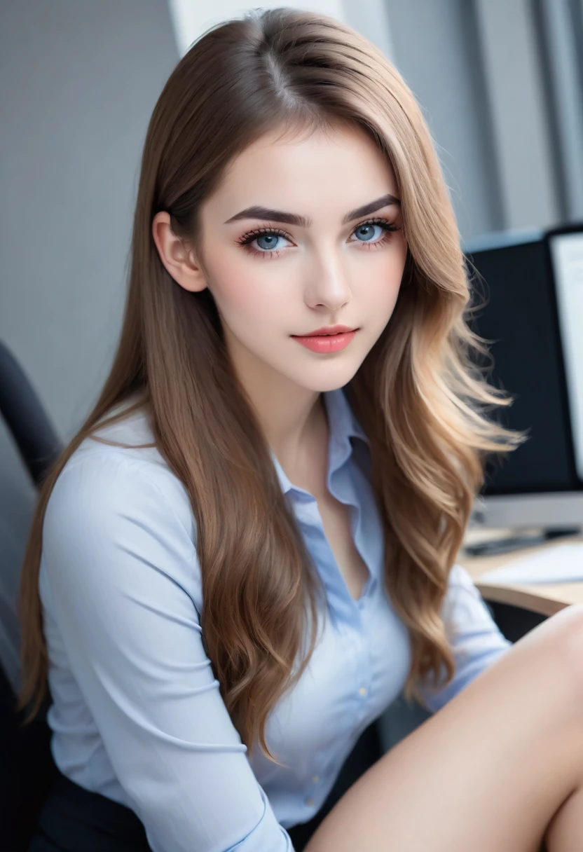 The virtual portrait of a 2 German girl exudes youthful beauty, with flawless skin and a soft, tiled skin tone. Her long, light brown hair cascading down her back accentuates her heart-shaped face and emphasizes her striking features. Her deep blue eyes sparkle with warmth and kindness, framed by thick, dark eyelashes that add depth and dimension. Her eyebrows are perfectly shaped, slightly arched and pointed, complemented by a small, pointed nose and plump, pink lips. A slim figure, office uniform, a short skirt, sitting with legs slightly exposed, sitting at a desk.