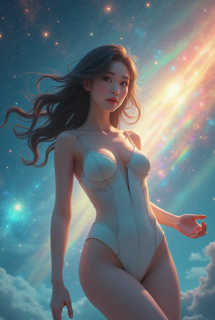 masterpiece,excellent quality,Like a mirror,cinematic experience,Extremely detailed,absurd),8K,wallpaper,(Ray Tracing),Physically Based Rendering,Super Fine,Narrow your focus,rest(1 Japanese、Japanese baby face,cute,Beautiful women),(Star:2.0),(Pretty Face),(beautiful eyes),(Perfect eyes:1.6),(Radiant Skin:1.2),(Feel free to hairstyle),(Random hair color)rest,(Super high leg jumpsuit:2.0),(Extra large breasts),(Sexy thighs),(function),(plump),(front:2.0),(whole body:2.0),(look at me),(Detailed hands:2.0),(Beautiful female hands:2.0),(Portrait of a goddess,Cosmic aura,Space,rainbow particles,Diffuse reflection of light),(彼女はゆったりSpaceに浮いている:2.0)