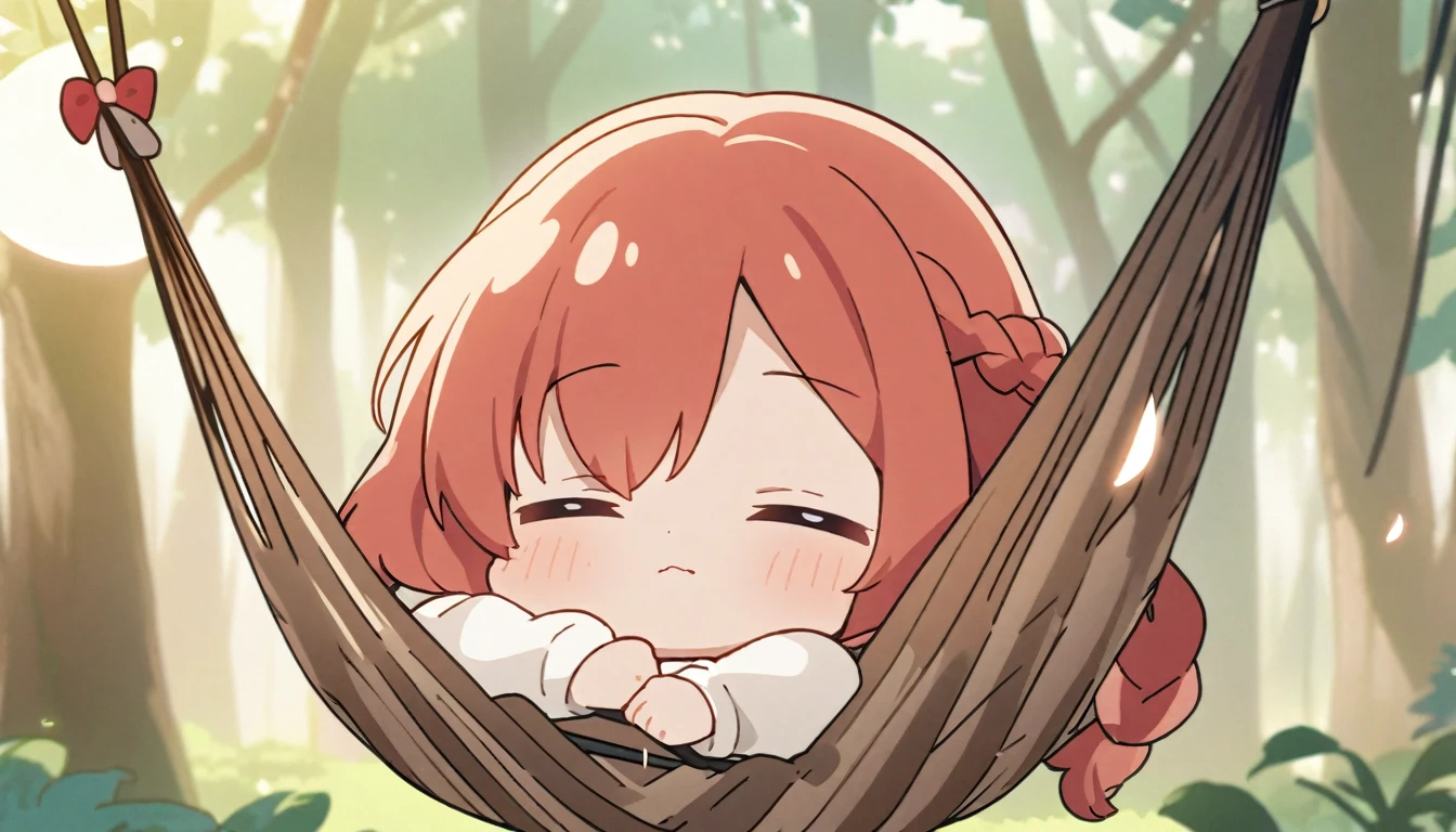Girl、美Girl、Redhead、Braid、Sleeping、Cute gestures、hammock、in the forest、Chibi Character、Masterpiece、anime、