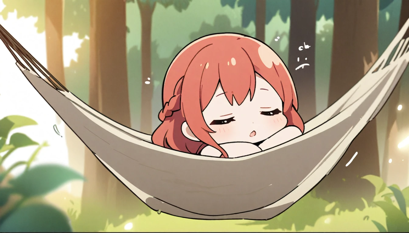 Girl、美Girl、Redhead、Braid、Sleeping、Cute gestures、hammock、in the forest、Chibi Character、Masterpiece、anime、