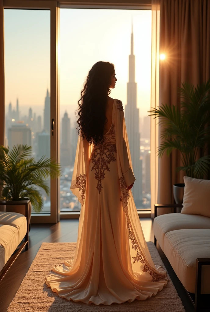 For the new setting in Dubai, envision the woman in a luxurious, modern high-rise apartment with a stunning view of the city's skyline, including iconic buildings like the Burj Khalifa. She is dressed in a traditional Arabian dress, such as an elegant abaya or a kaftan with intricate embroidery. Her long curly hair is styled gracefully, complementing her sophisticated attire. The room is adorned with contemporary furnishings and lush indoor plants, with soft, warm lighting that accentuates the rich textures of the dress and the opulent setting. The sunlight streaming through large windows highlights the contrast between the traditional dress and the modern, cosmopolitan environment outside.

Change location to Dubai beach

