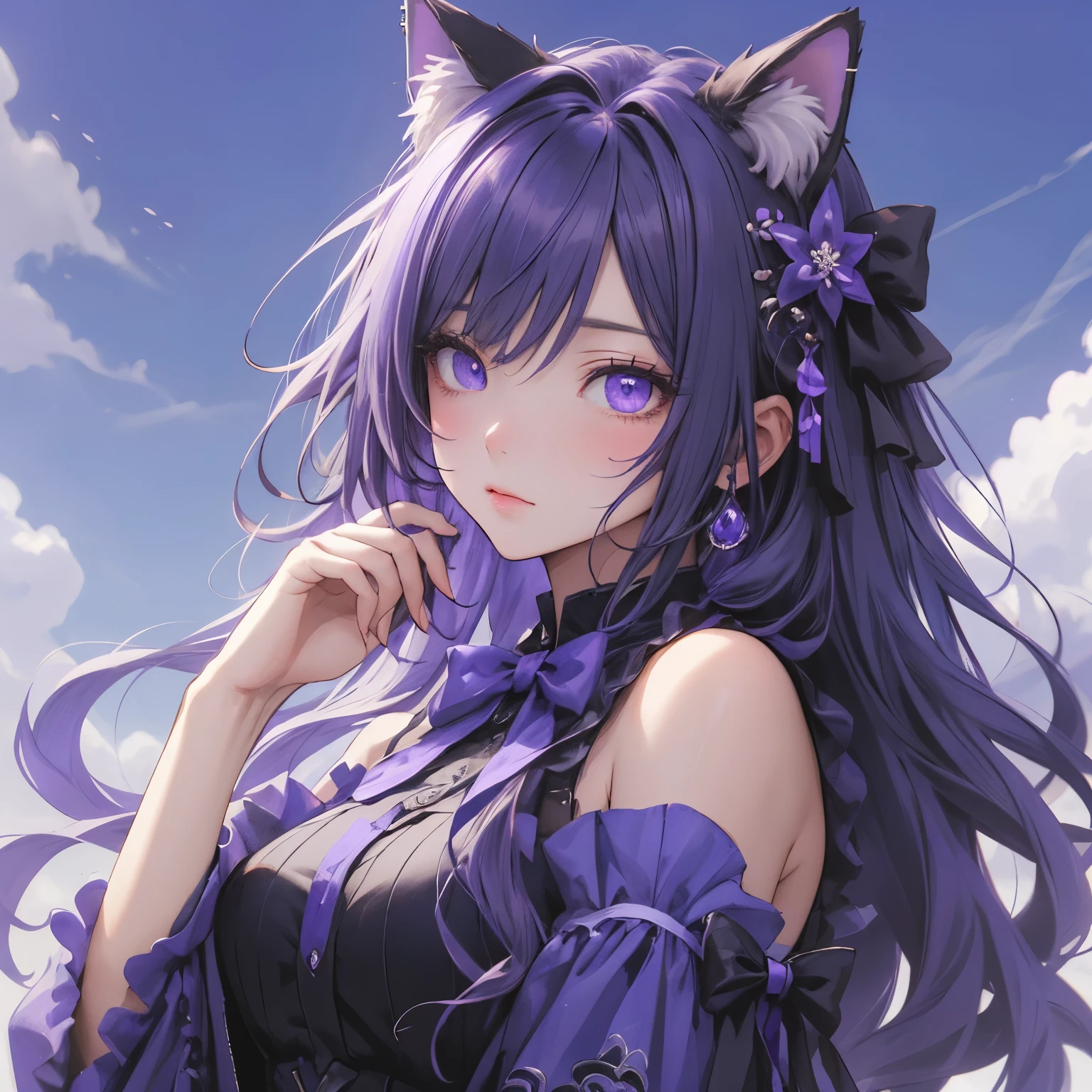 (masterpiece), Highest quality, Ultra-high resolution,Cat ears with a purple ribbon、Blue-purple hair、Violet eyes、blue-purple clothes、bluish purple sky、Rin