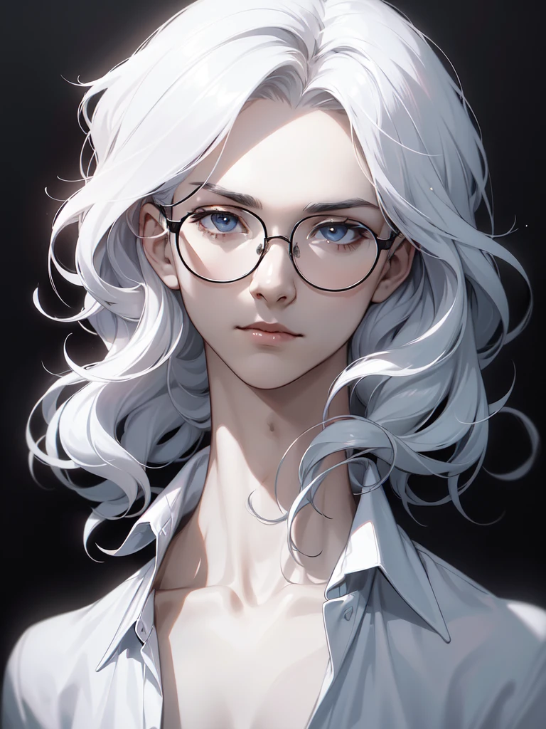 (((Portrait Photo))), He has the Appearance of a Mysterious and Alluring Figure, with an Air of Elegance and Subtle Rebellion. His Short, Snow-White Hair is Wavy and Tousled, with Strands Falling Over Her Forehead. His Pale Skin is Smooth and Almost Ethereal, Contrasting with the Deep Shadows that Play Across His Features. His Eyes are Half-Lidded, Cast Downward with an Expression that is Both Introspective and Detached, as if Lost in His Own World. (((Dark Background))), (((Portrait Photo))), (((Loose, White Shirt that Slightly Unbuttoned, Revealing a Slender Neck and Collarbone))), (((Circular Glasses)))