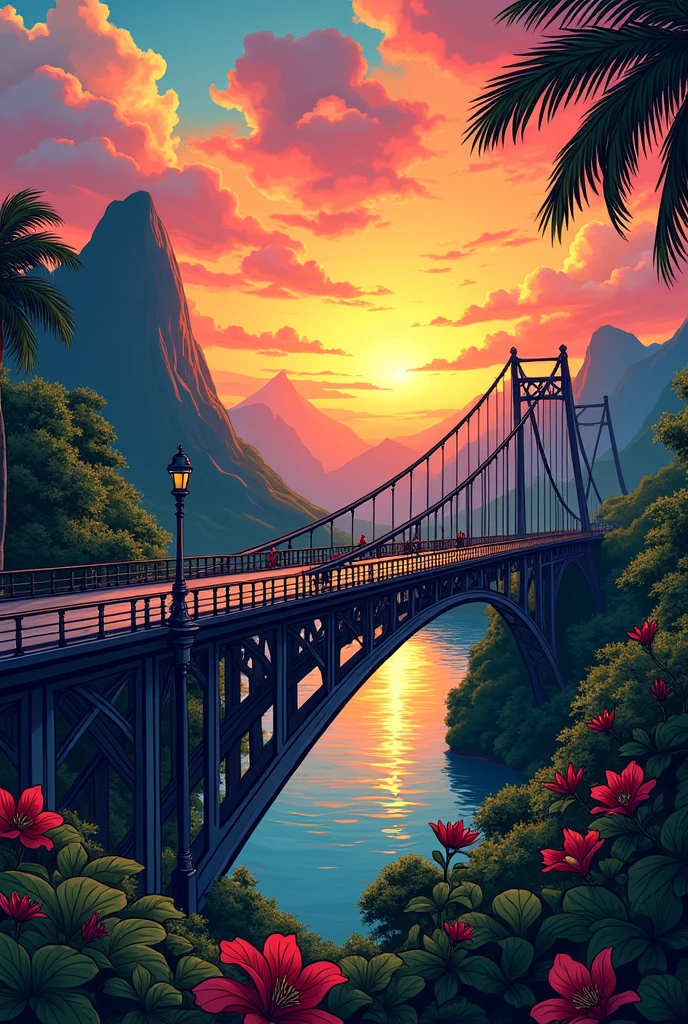 Generate me an illustrated comic-style drawing of a bridge in Venezuela with a view of the sunrise
