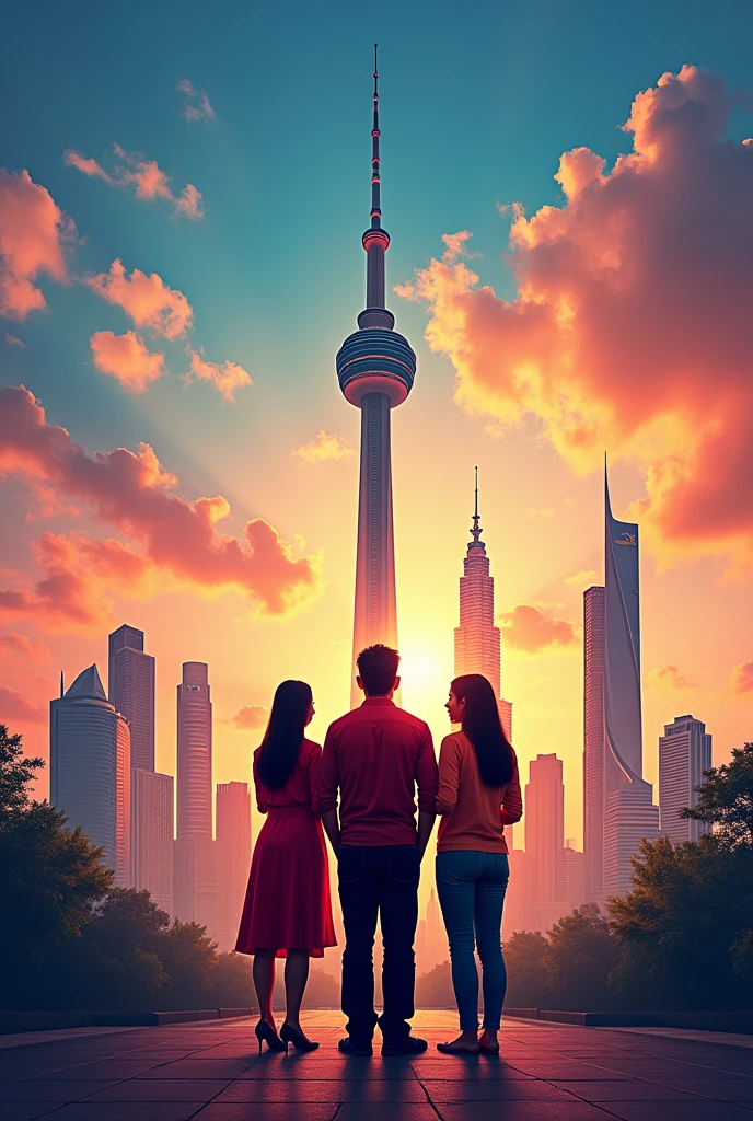 a poster about Malaysia Independence Day with KL tower & National Monument of Malaysia with Malay, Chinese & indian person