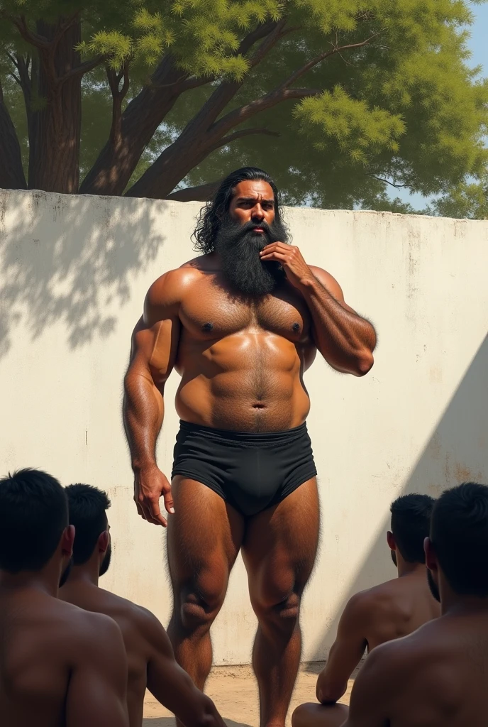 Big hairy bearded strong muscular Persian teacher standing in black underwear, scratching his chest with his right hand, teaching a group of boys sitting against a white wall with a large tree in the background.