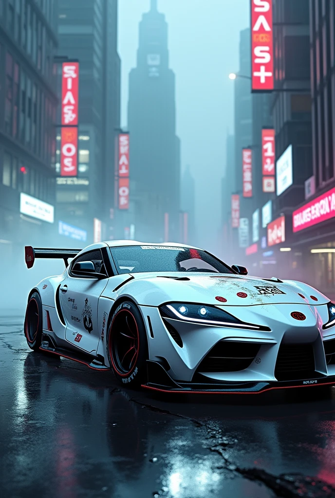 White supra with full modifications in cyberpunk city with fog 