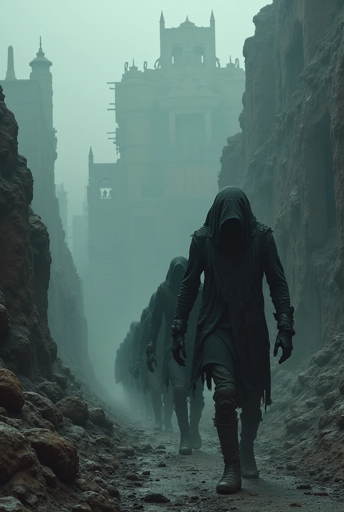 a mysterious dark setting in fog, distressing, sad, cursed and desolate with very slow figures of enormous creatures as fantastic as robotic with mechanical parts throwing enormous blocks of black matter all marching in line with their loads to rebuild the city on the distressing ruins. of archaic buildings and monuments to pagan deities that emerge among the ruins on the edge of a deep, rocky canyon. The image is extremely dark, with a dense grayish, post-apocalyptic environment and with cryptid characters covered in dirty and torn layers that are not darkness. The hood does not allow you to see their faces, the glowing threads of the lasers from the robots' patrol weapons are the only colorful thing, but it adds a lot of tension, Impressive, unbeatable, intricate, extremely detailed,(((Excessive realistic textures,)) ) ((Winner of the cursed post-apocalyptic photography masterpiece award, unbeatable premium quality, overly realistic textures, incredible composition, realistic horror sci-fi landscapes))