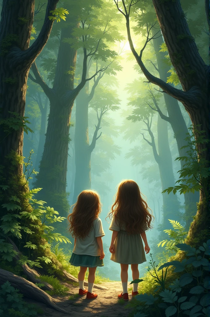 Two brown-haired girls are lost in the woods.