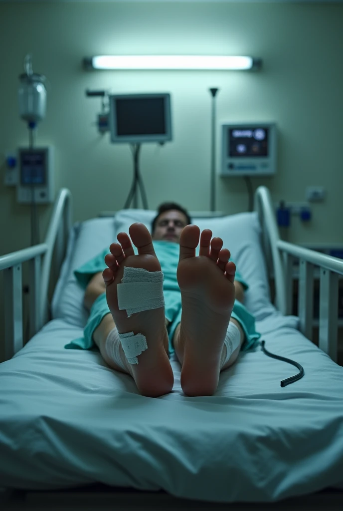 Photo of someone lying on a hospital stretcher but only the feet and the stretcher can be seen 