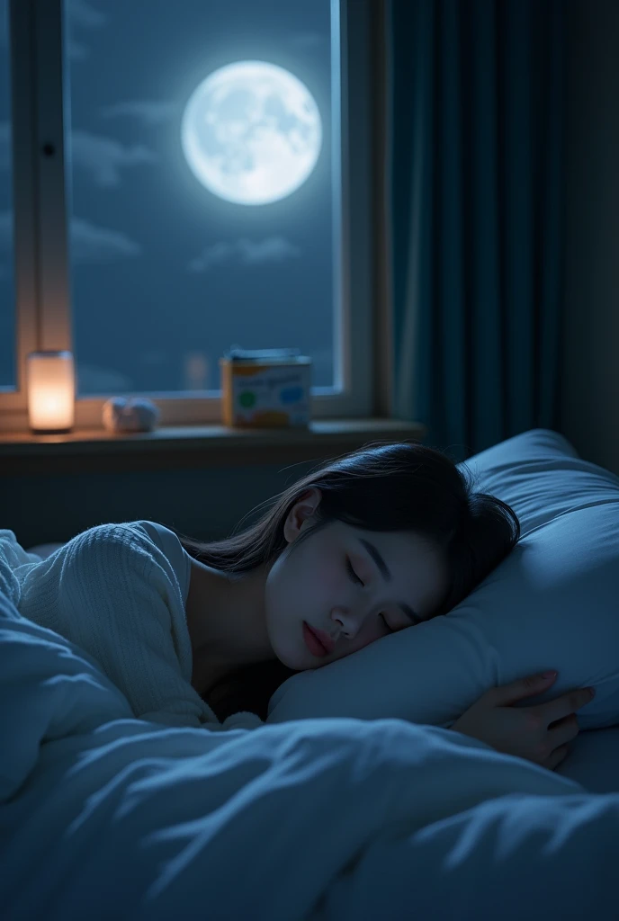 Asian girl is sleeping peacefully on the bed, there is a table behind her, the moonlight will shine on the table, there will be a box of sanitary pads on the table. the room is dark, only the moonlight will be bright, and the whole room will be visible