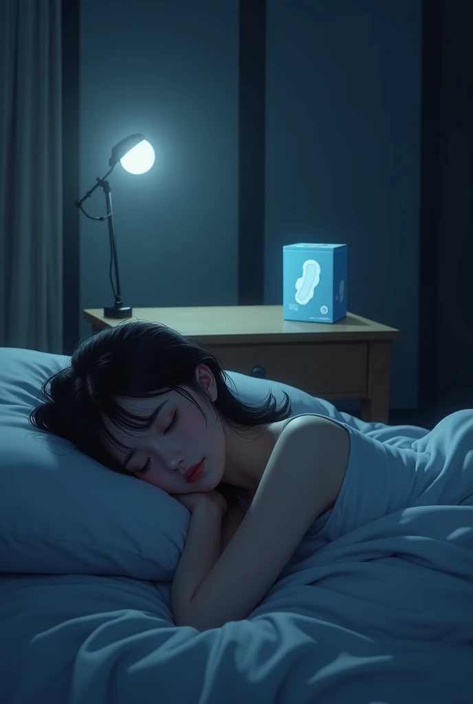Asian girl is sleeping peacefully on the bed, there is a table behind her, the moonlight will shine on the table, there will be a box of sanitary pads on the table. the room is dark, only the moonlight will be bright, and the whole room will be visible