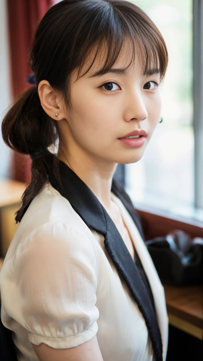 (top-quality, 16K, ​masterpiece:1.3), (ultra detailed), (masterpiece), (best quality), Highest quality, Realistic, Surreal, Highest quality, Extremely detailed CG, Very delicate, 16K wallpaper, High resolution, BREAK ((Silky hair)), ((medium Hair:1.5)), ((high ponytail:1.5)), ((asymmetrical bangs)), (a woman in a management position at a prestigious company), ((solo)), ((8 heads tall)), ((38歳)), BREAK ((upper body:1.4)), ((look into the viewer's eyes:1.5)), ((looking at viewer:1.5)), ((Front view:1.5)), ((from front:1.5)), BREAK ((mole, beauty mark:1.3)), short arms, ((small eyes)), fleeting atmosphere, ((thin eyebrows:1.4)), ((thin lips:1.5)), (embarrassed, blush), ((orgasm:1.4)), ((ecstasy:1.5)), (slut:1.2), (fucked silly:1.2), BREAK (very beautiful woman), ((UNTITLED business suit:1.5)), ((Very simple necklace)), ((earrings)), ((With a large window Japanese office)), ((Working at desk:1.4)), Japanese, slender body, very detailed, detailed fingers, detailed hands, detailed eyes, detailed legs, accurate and perfect human anatomy, real human skin,