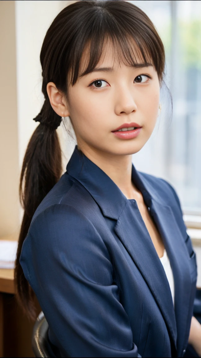 (top-quality, 16K, ​masterpiece:1.3), (ultra detailed), (masterpiece), (best quality), Highest quality, Realistic, Surreal, Highest quality, Extremely detailed CG, Very delicate, 16K wallpaper, High resolution, BREAK ((Silky hair)), ((medium Hair:1.5)), ((high ponytail:1.5)), ((asymmetrical bangs)), (a woman in a management position at a prestigious company), ((solo)), ((8 heads tall)), ((38歳)), BREAK ((upper body:1.4)), ((look into the viewer's eyes:1.5)), ((looking at viewer:1.5)), ((Front view:1.5)), ((from front:1.5)), BREAK ((mole, beauty mark:1.3)), short arms, ((small eyes)), fleeting atmosphere, ((thin eyebrows:1.4)), ((thin lips:1.5)), (embarrassed, blush), ((orgasm:1.4)), ((ecstasy:1.5)), (slut:1.2), (fucked silly:1.2), BREAK (very beautiful woman), ((UNTITLED business suit:1.5)), ((Very simple necklace)), ((earrings)), ((With a large window Japanese office)), ((Working at desk:1.4)), Japanese, slender body, very detailed, detailed fingers, detailed hands, detailed eyes, detailed legs, accurate and perfect human anatomy, real human skin,