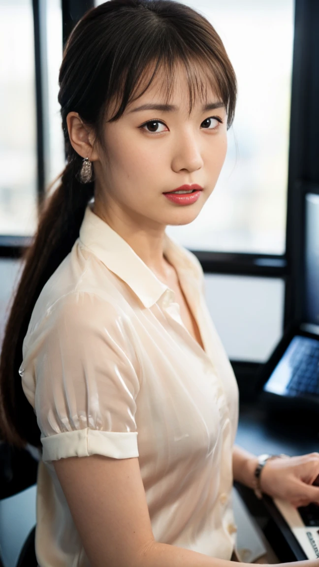 (top-quality, 16K, masterpiece:1.3), (ultra detailed), (masterpiece), (best quality), Highest quality, Realistic, Surreal, Highest quality, Extremely detailed CG, Very delicate, 16K wallpaper, High resolution, BREAK ((Silky hair)), ((medium Hair:1.5)), ((high ponytail:1.5)), ((asymmetrical bangs)), (a woman in a management position at a prestigious company), ((solo)), ((8 heads tall)), ((38歳)), BREAK ((upper body:1.4)), ((look into the viewer's eyes:1.5)), ((looking at viewer:1.5)), ((Front view:1.5)), ((from front:1.5)), BREAK ((mole, beauty mark:1.3)), short arms, ((small eyes)), fleeting atmosphere, ((thin eyebrows:1.4)), ((thin lips:1.5)), (embarrassed, blush), ((orgasm:1.4)), ((ecstasy:1.5)), (slut:1.2), (fucked silly:1.2), BREAK (very beautiful woman), ((UNTITLED business suit:1.5)), ((Very simple necklace)), ((earrings)), ((With a large window Japanese office)), ((Working at desk:1.4)), Japanese, slender body, very detailed, detailed fingers, detailed hands, detailed eyes, detailed legs, accurate and perfect human anatomy, real human skin,