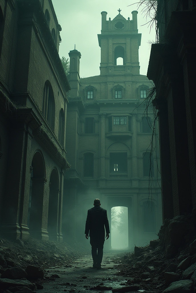 A man walking around old ghost building